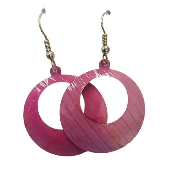Vintage Jewelry - Vintage 60s-70s Hoops Pink Dangle Drop Hook Earrings Gold Tone